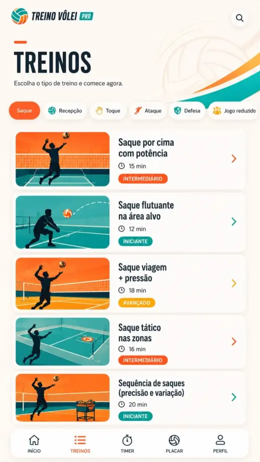 Tela de lista de treinos do app
